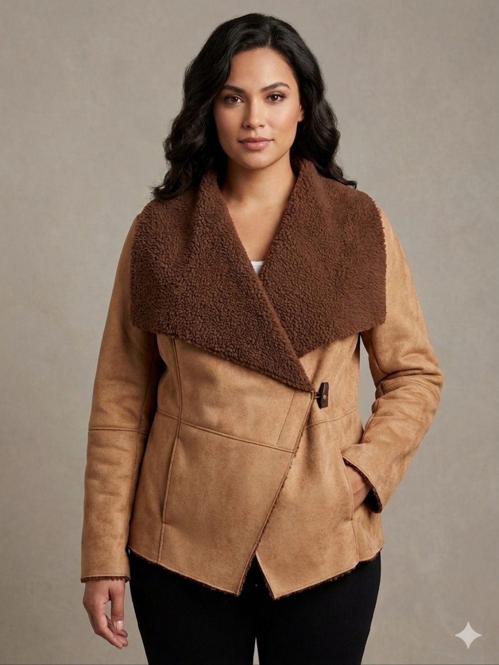 Pure Alfred Sung Faux Suede Shearling Toggle Jacket Tan Brown S Boho Chic